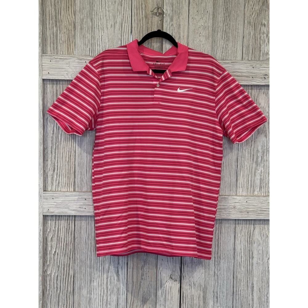 Nike Golf Mens Polo Shirt Dri Fit Standard Fit Size L Hot Pink White Stripes